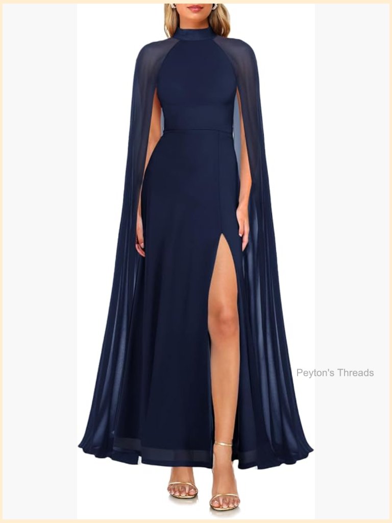 Long Sleeve Halter Neck Cape Dress With High Split